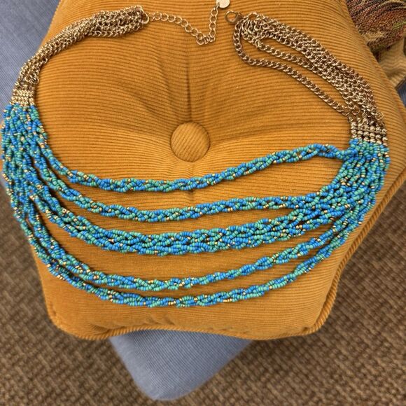 Talbots Seedbead Necklace Gold Tone Turquoise Blue Teal Multi Strand Boho Chic - Picture 2 of 4